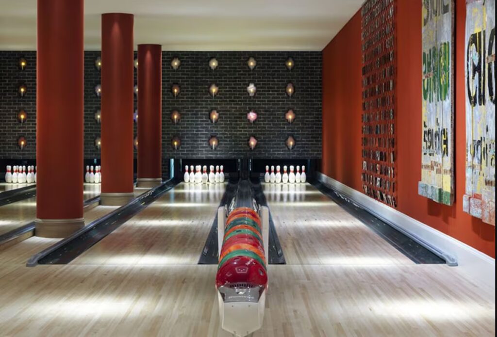 The bowling alley at Ham Yard Hotel, a family hotel in London.